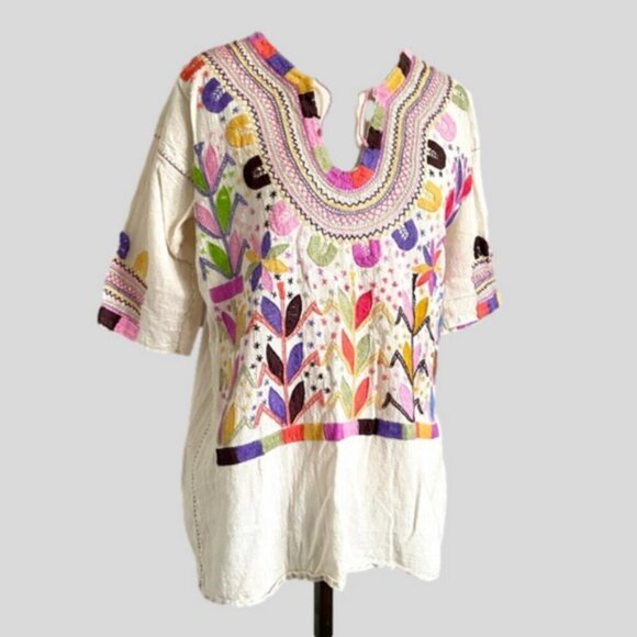 🛑 Colourful Hand Embroidered Mexican Half Sleeve Tunic - S/M - Picture 1 of 7